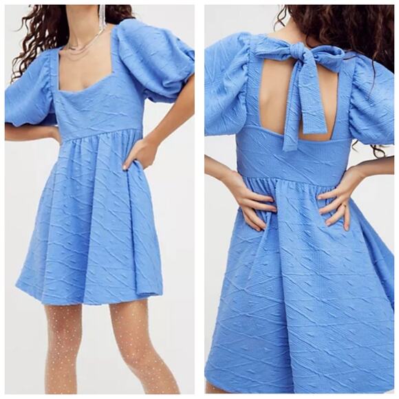 Free People Dresses & Skirts - Free People Violet Mini Dress Size Large Sky Blue Puff Sleeve Babydoll Coquette